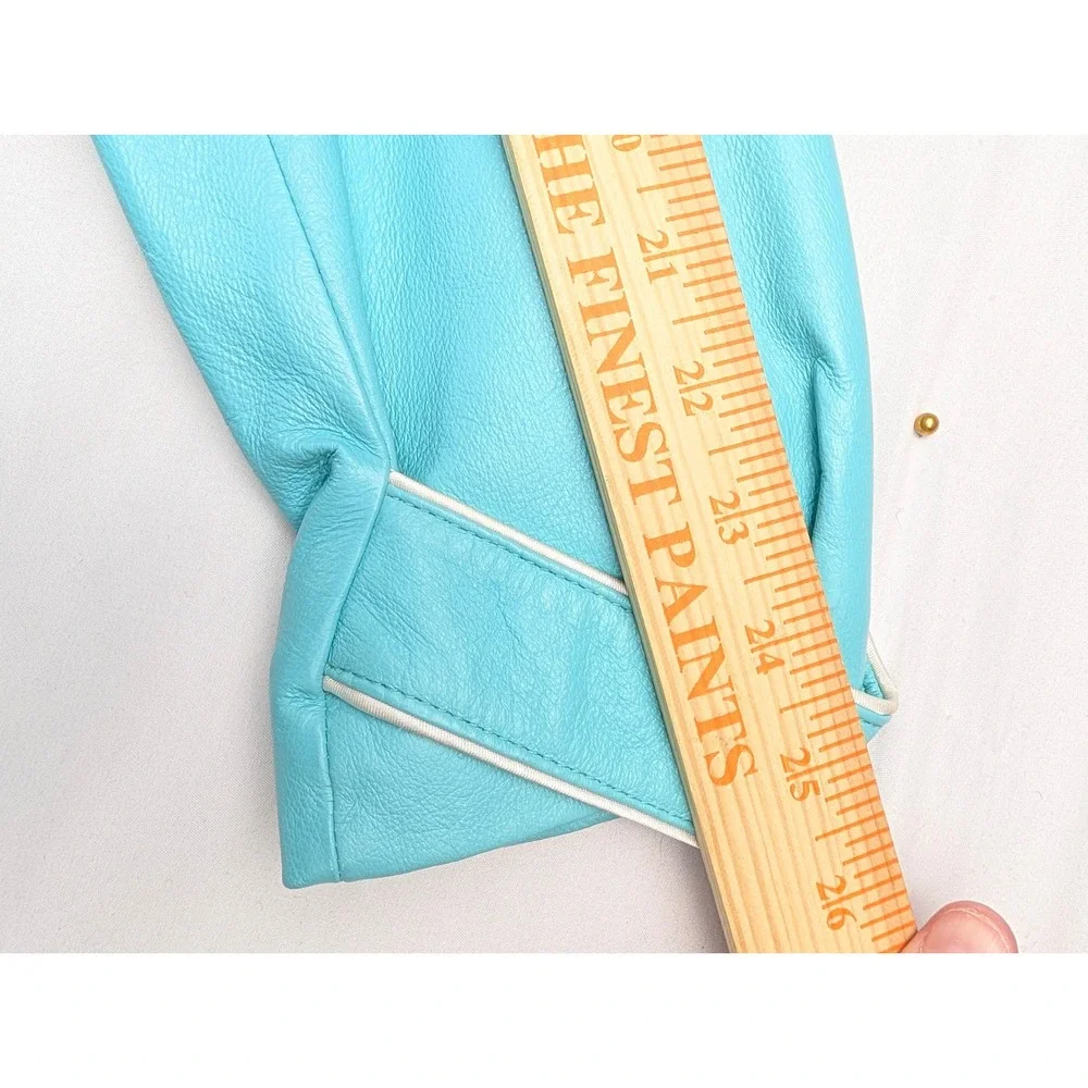 Wilsons Leather Maxima Trench Coat Womens L Turquoise Blue Leather Belted Jacket - Picture 7 of 10
